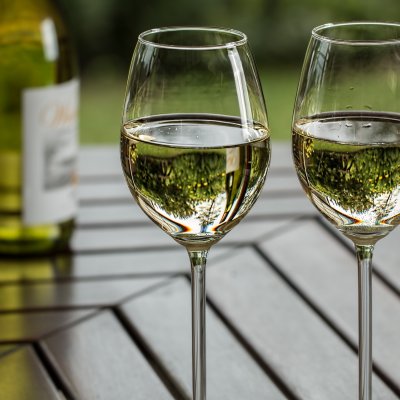 Stock image: two wines glasses with white wine on a table